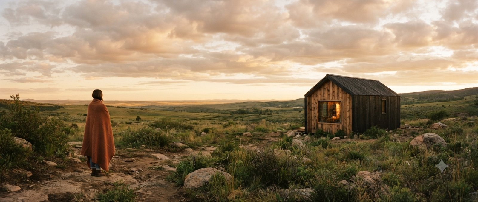 Persona de espaldas frente a su casa de madera y el paisaje al atardecer