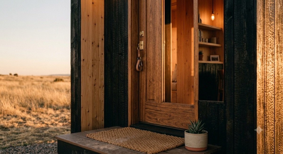 Puerta de una casa de madera terminada con las llaves puestas