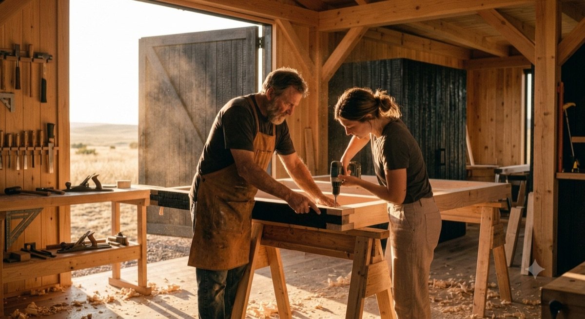 Dos personas ensamblando un muro de madera en el taller