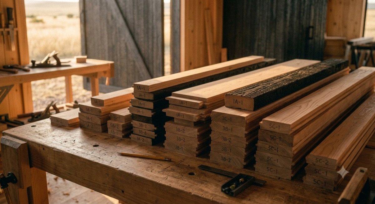 Piezas de madera cortadas por CNC, numeradas y apiladas en el taller