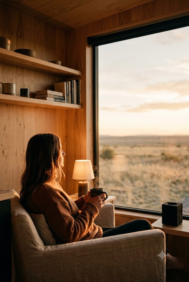 Persona con una taza mirando el paisaje por la ventana de una casa de madera