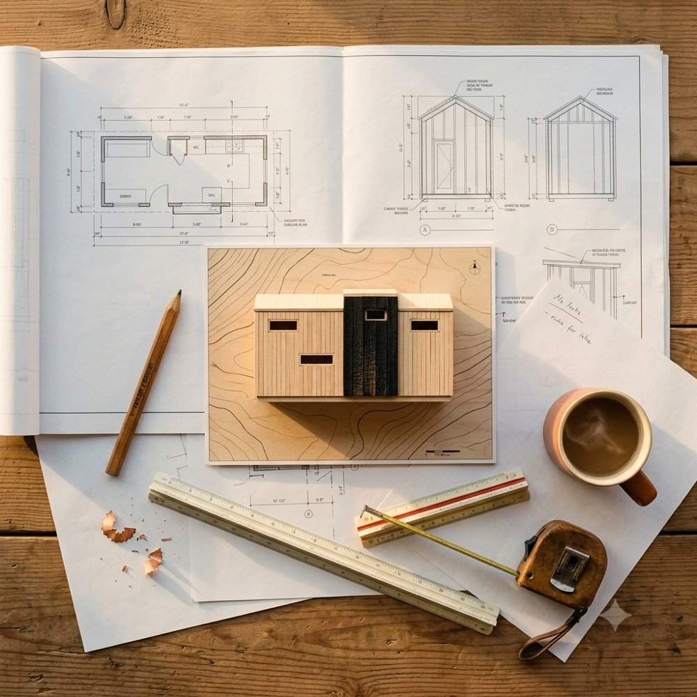 Planos, lápiz y maqueta de madera de una casa sobre la mesa