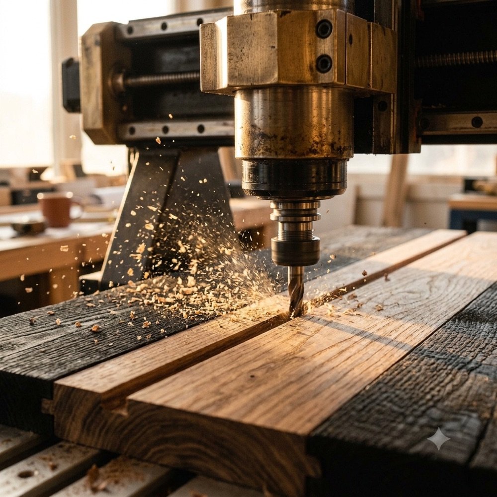 Fresadora CNC cortando una pieza de madera con virutas
