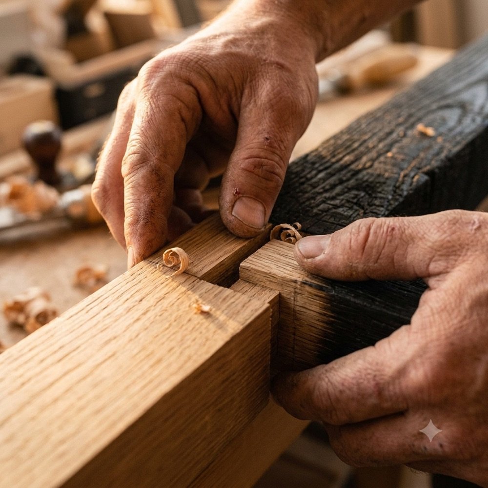 Manos ensamblando una unión de madera con la veta nítida